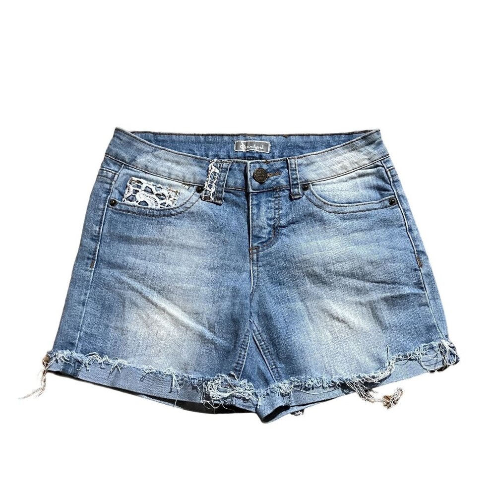 Soundgirl Denim Shorts With Lace Pockets & Distressed Hem For Women Size 3